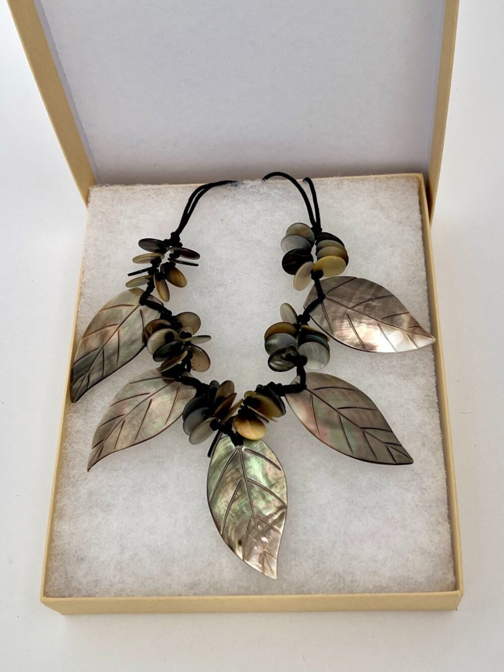 Iridescent Mother of Pearl Shell Leaf Boho Tribal Fairy Statement Bib Necklace